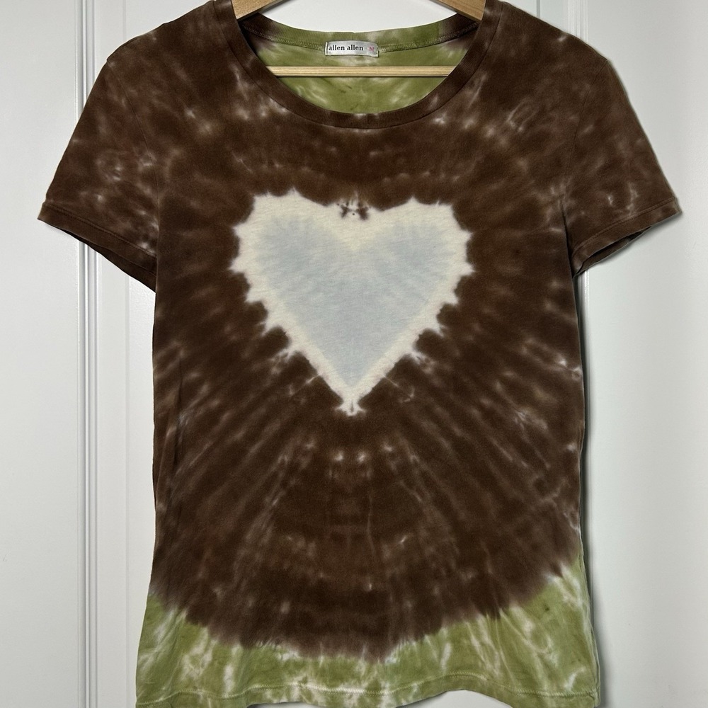 Allen Allen Olive Green Brown Tie Dye Heart Motif T-Shirt Granola Girl Style